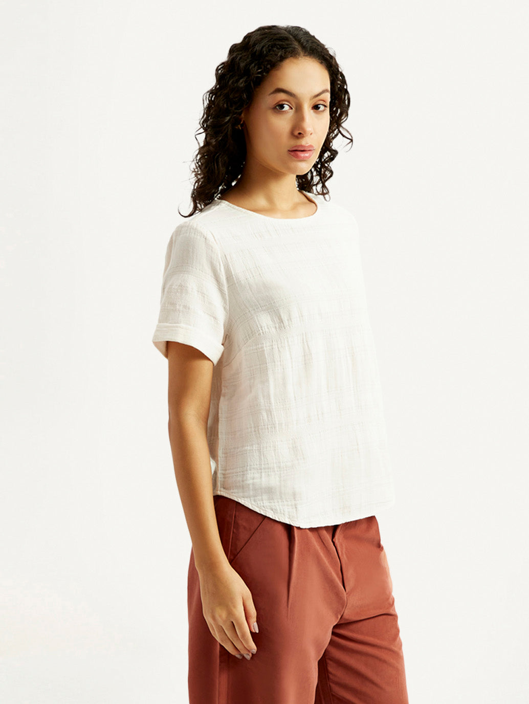 Women's Self Design Off White Round Neck Top - Side View