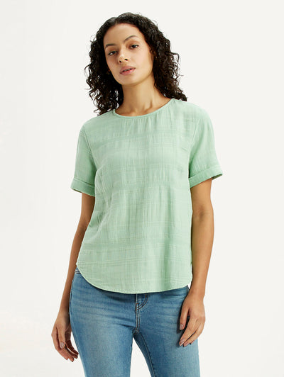 Women's Self Design Light Green Round Neck Top