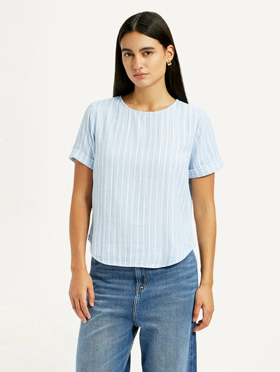 Women's Striped Light Blue Regular Fit Top