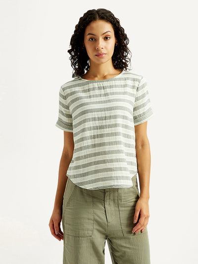 Women's Striped Green Round Neck Top