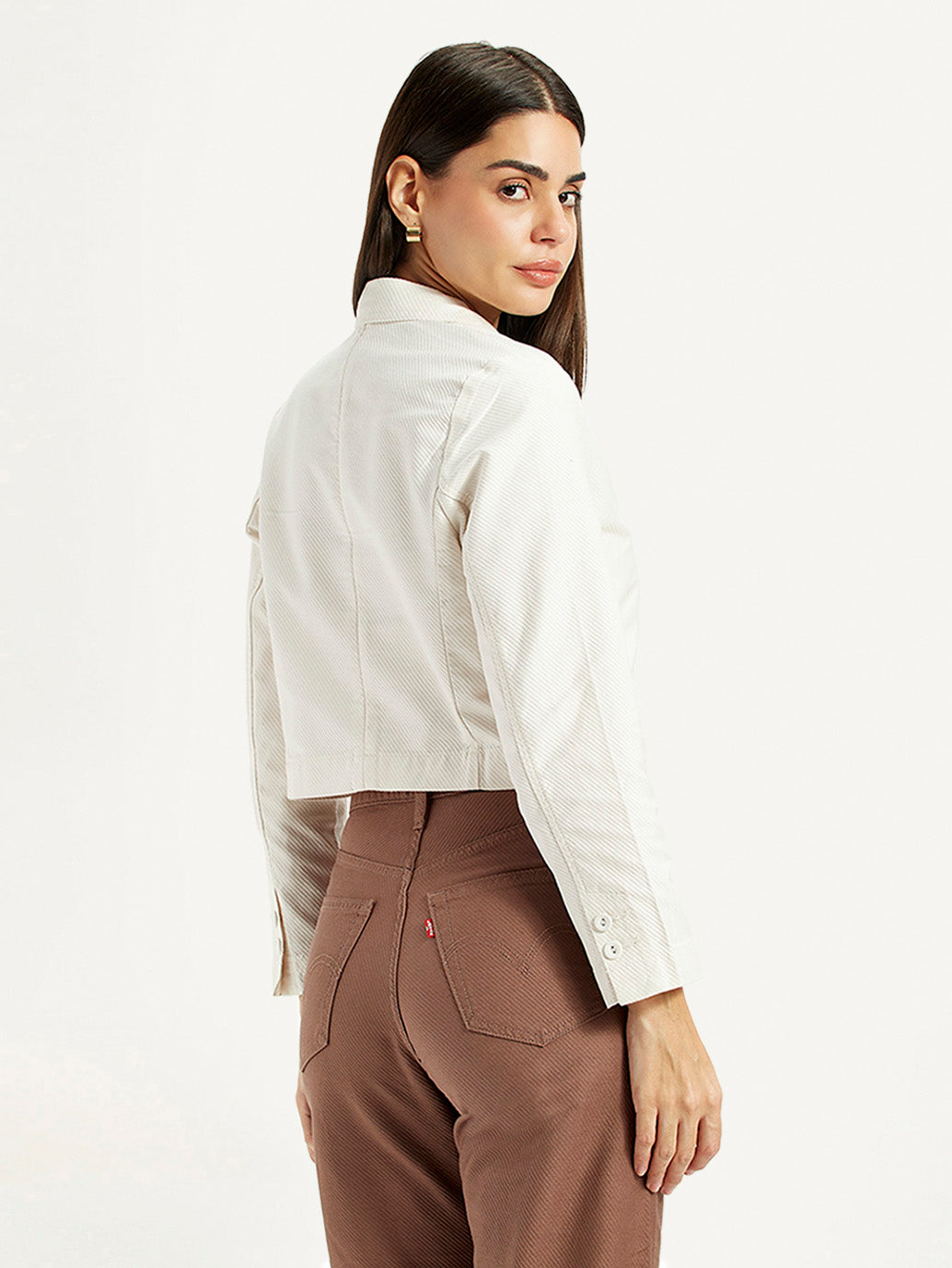 Women's Self Design Off-White Stylised Jacket - Back View