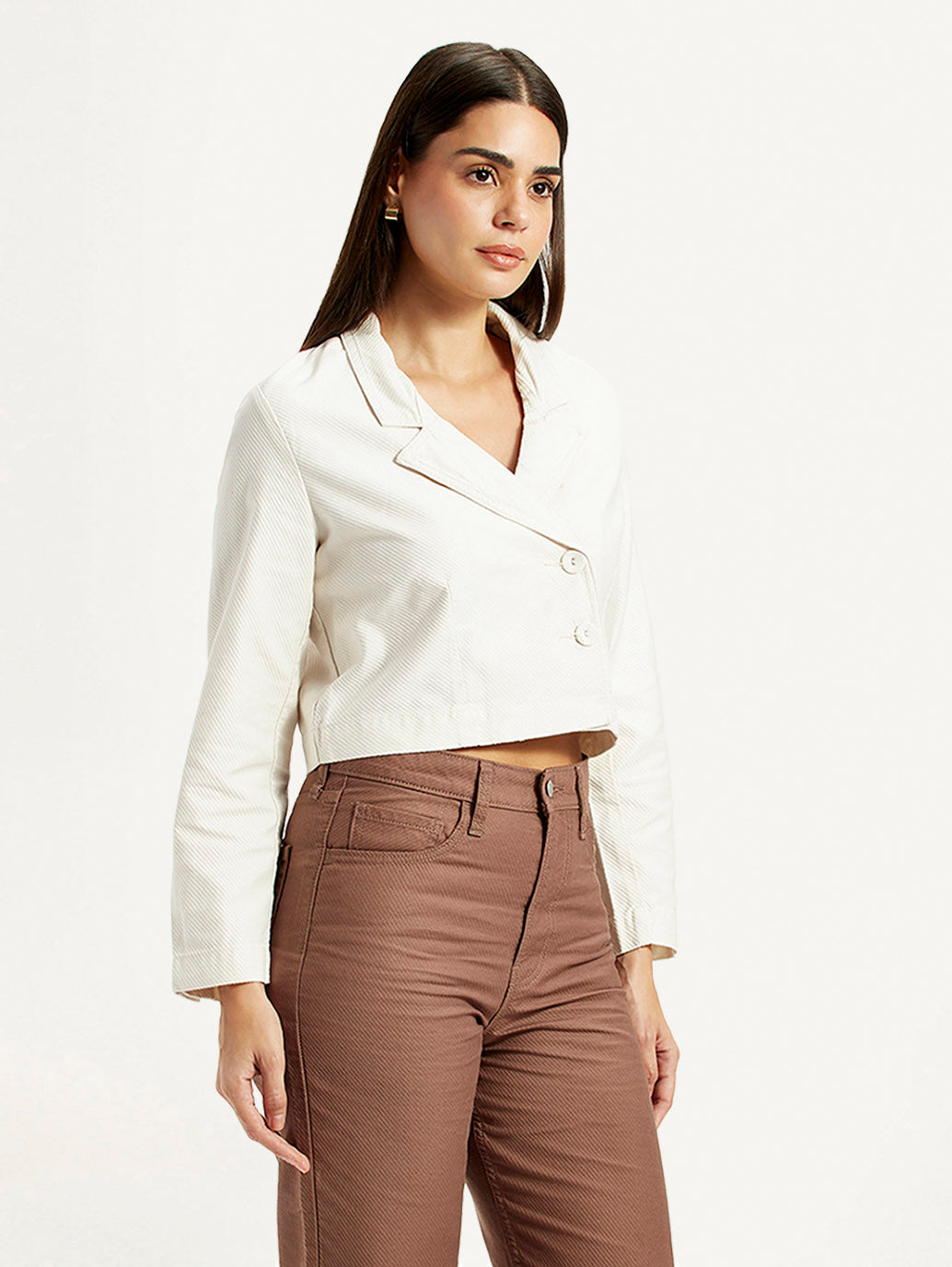 Women's Self Design Off-White Stylised Jacket - Side View