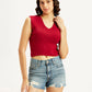 Women's Textured Red V-Neck Top - Front View