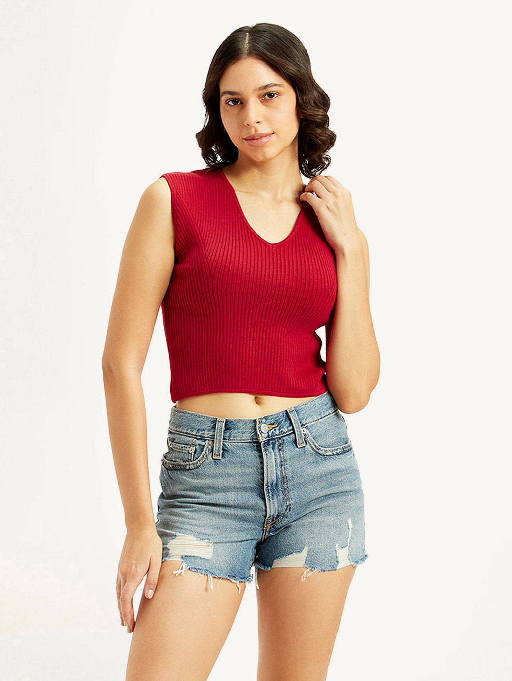 Women's Textured Red V-Neck Top - Front View