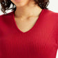 Women's Textured Red V-Neck Top - Detail View