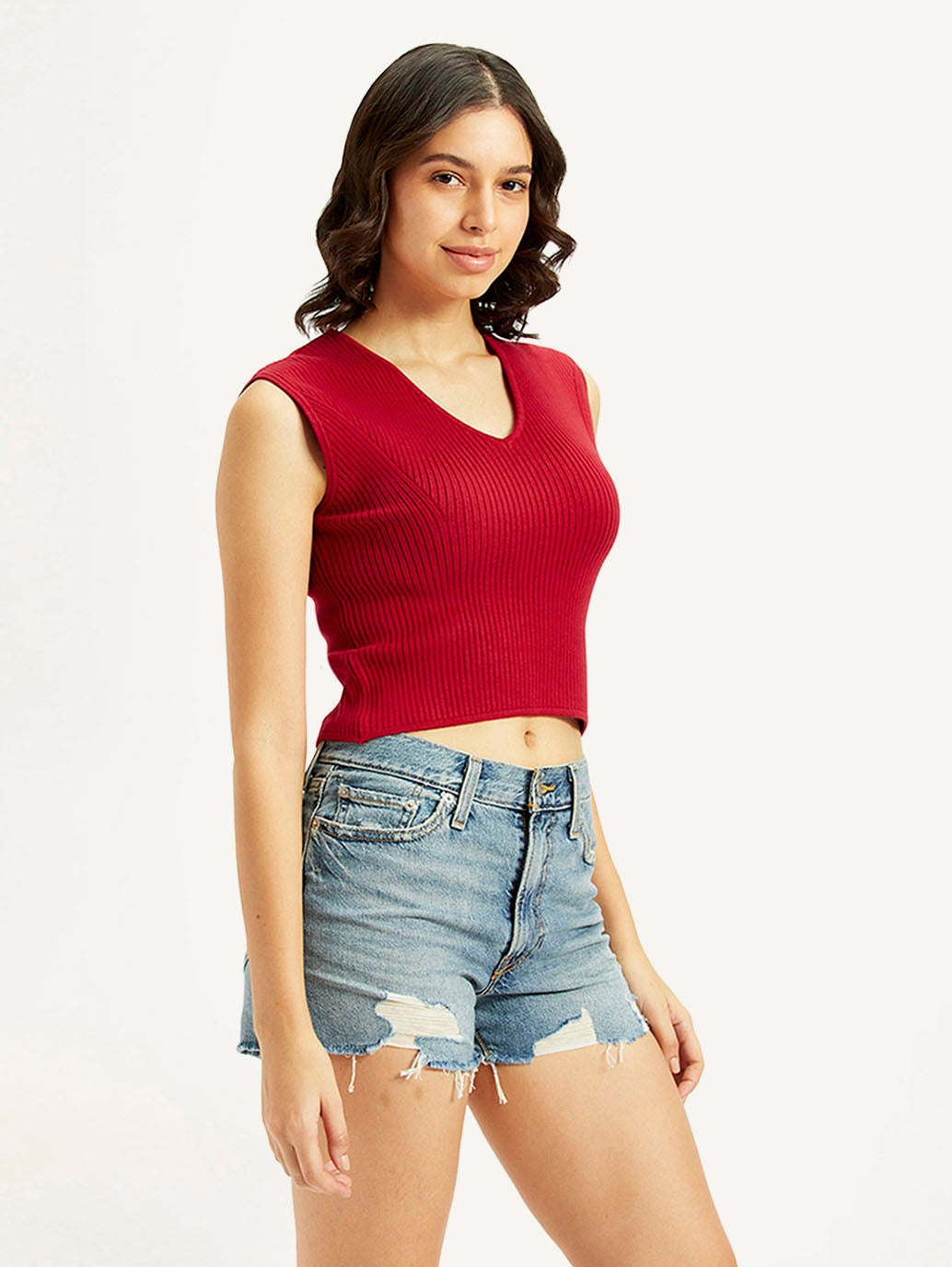 Women's Textured Red V-Neck Top - Side View