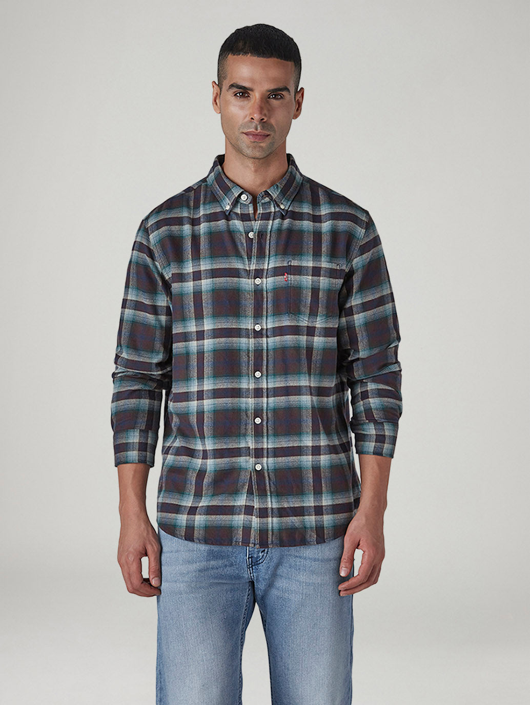 Men's Checkered Slim Fit Flannel Shirt - Front View