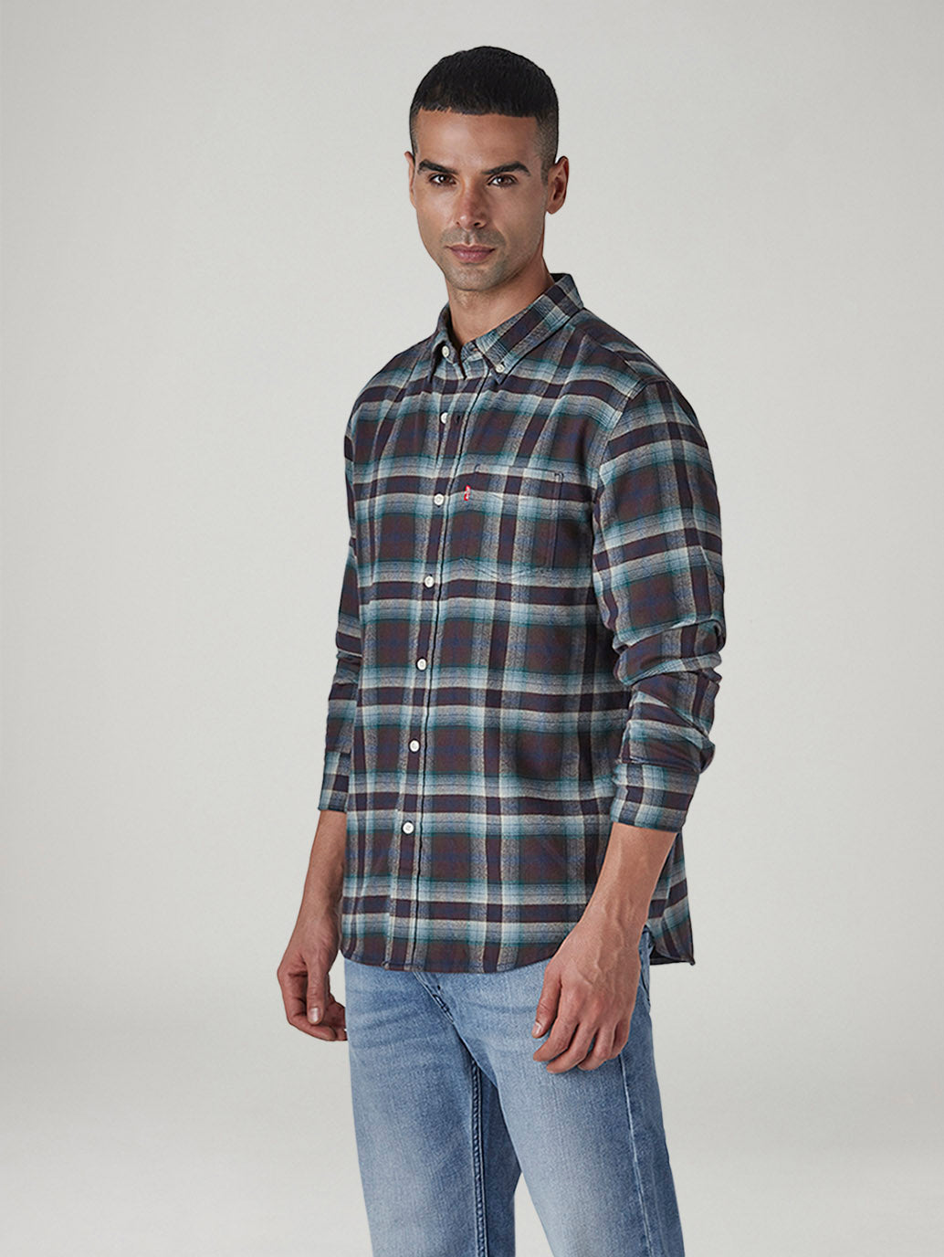 Men's Checkered Slim Fit Flannel Shirt - Side View