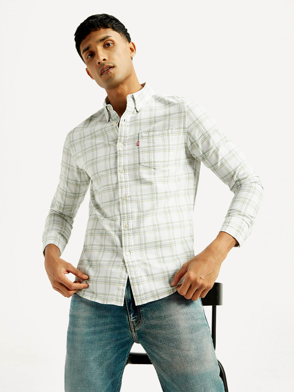 Men's Checkered Slim Fit Oxford Shirt - Elevated View