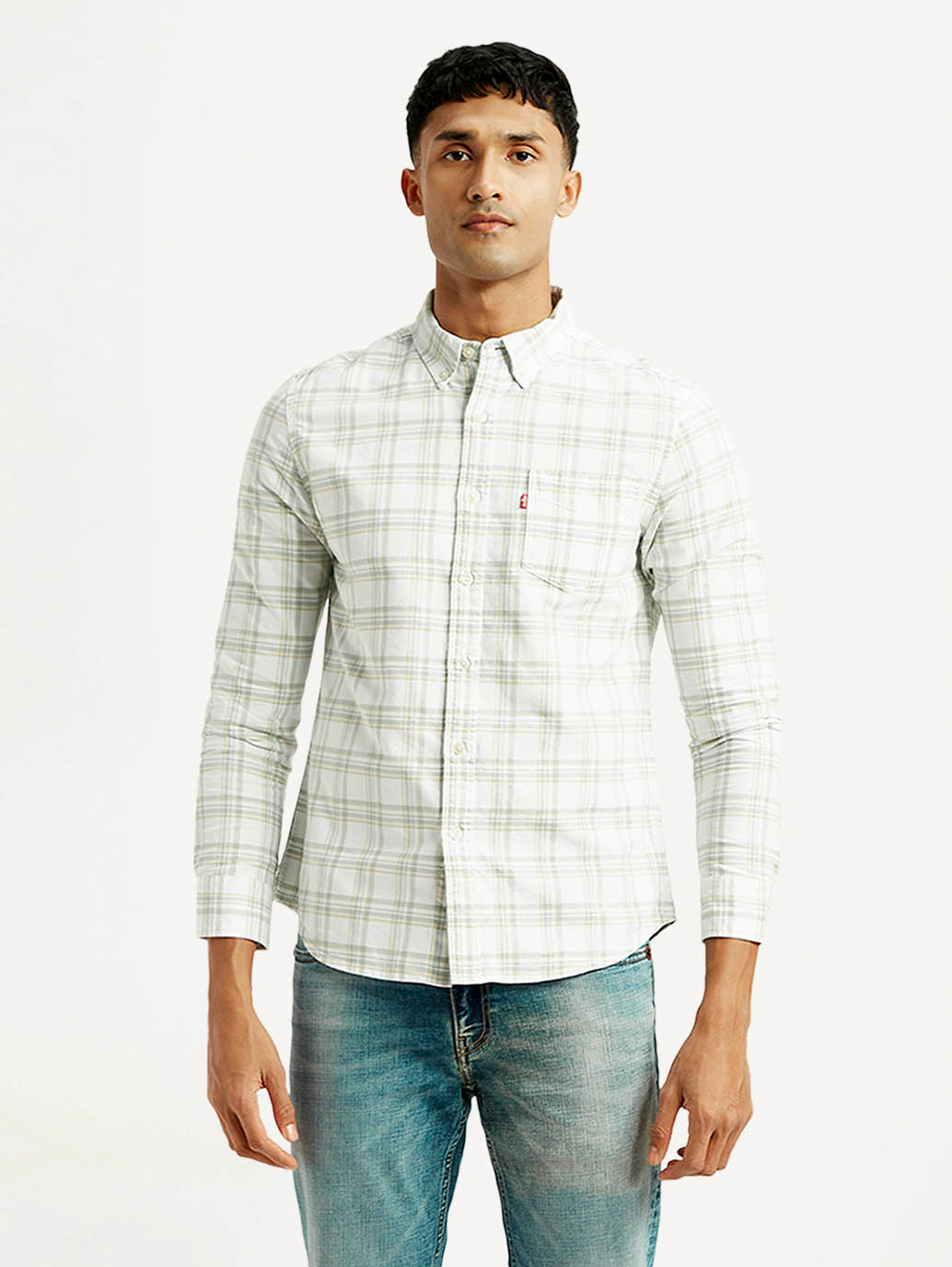 Men's Checkered Slim Fit Oxford Shirt - Front View