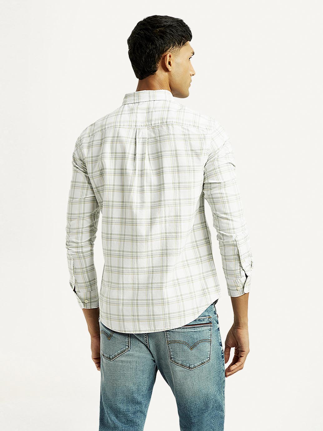 Men's Checkered Slim Fit Oxford Shirt - Back View