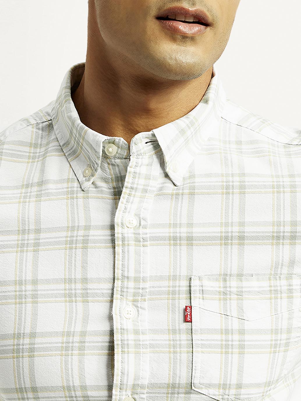 Men's Checkered Slim Fit Oxford Shirt - Detail View