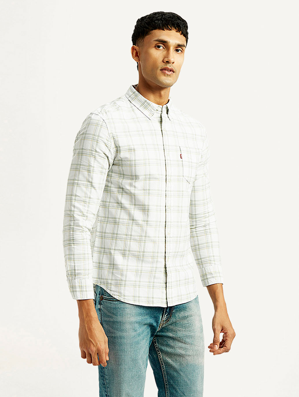 Men's Checkered Slim Fit Oxford Shirt - Side View