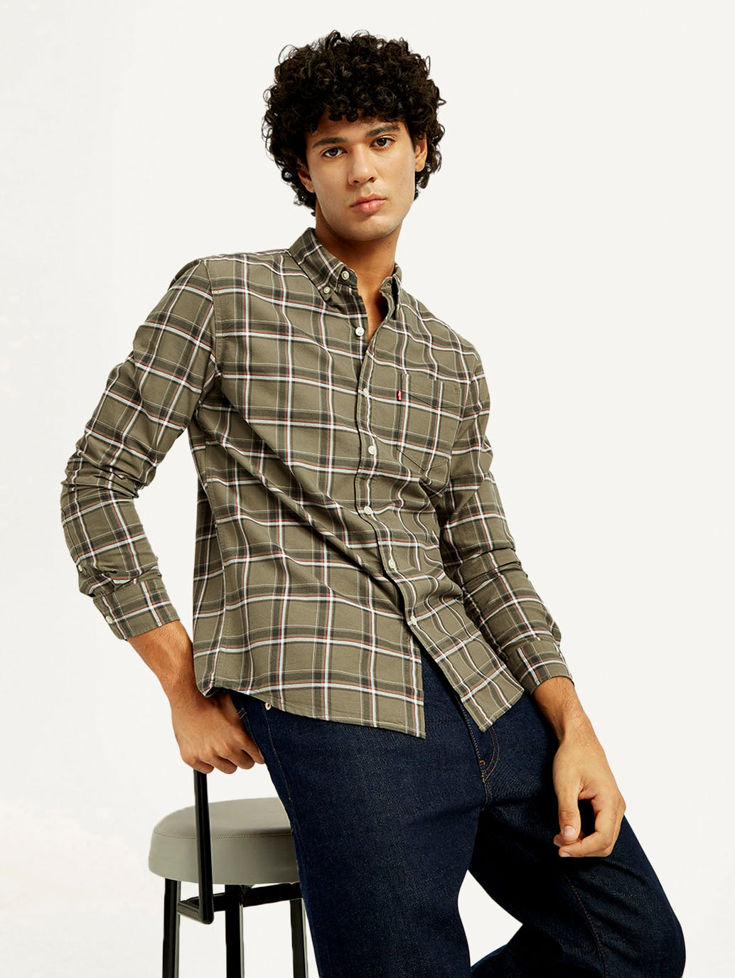 Men's Checkered Slim Fit Oxford Shirt - Elevated View