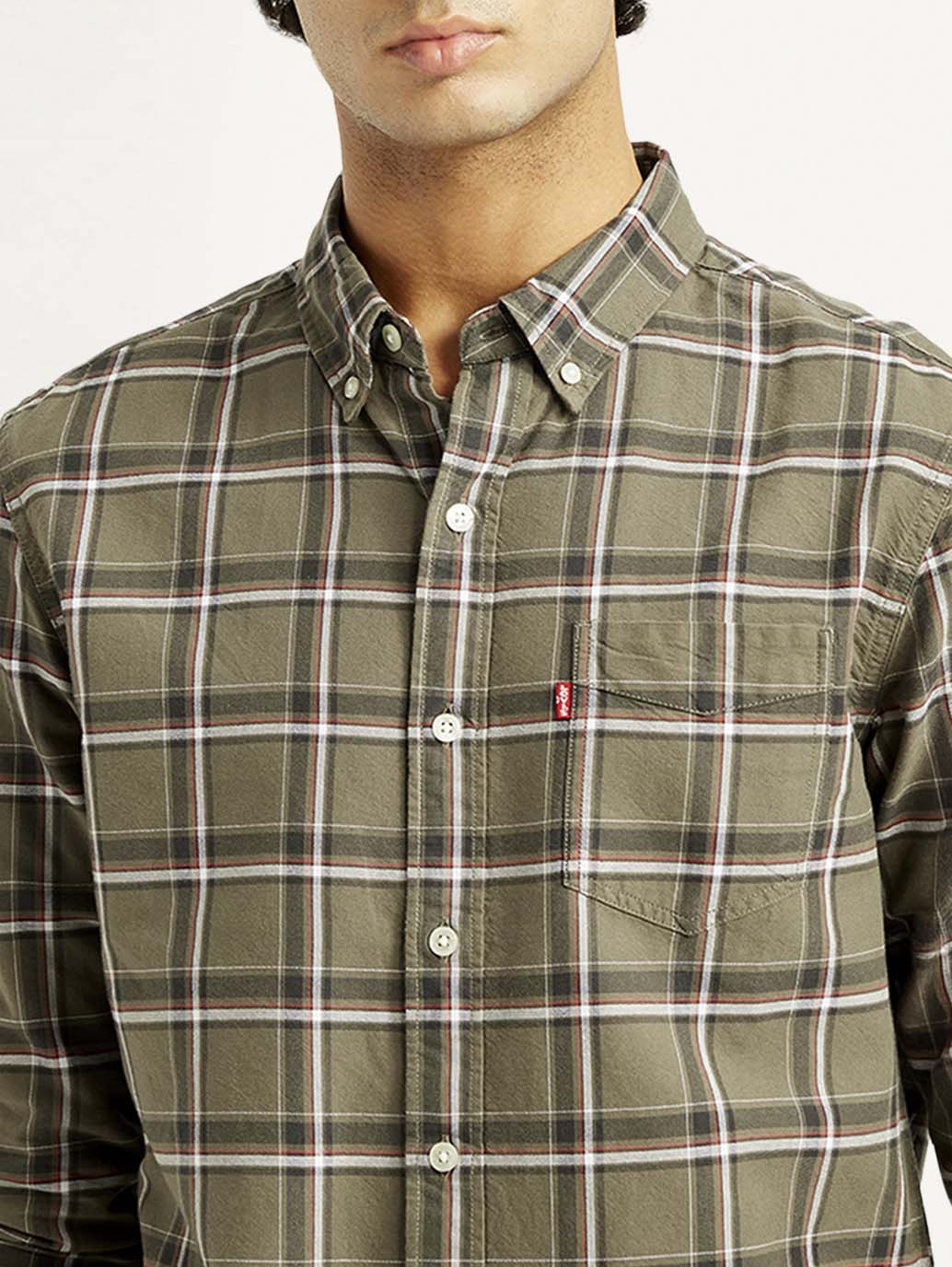 Men's Checkered Slim Fit Oxford Shirt - Detail View