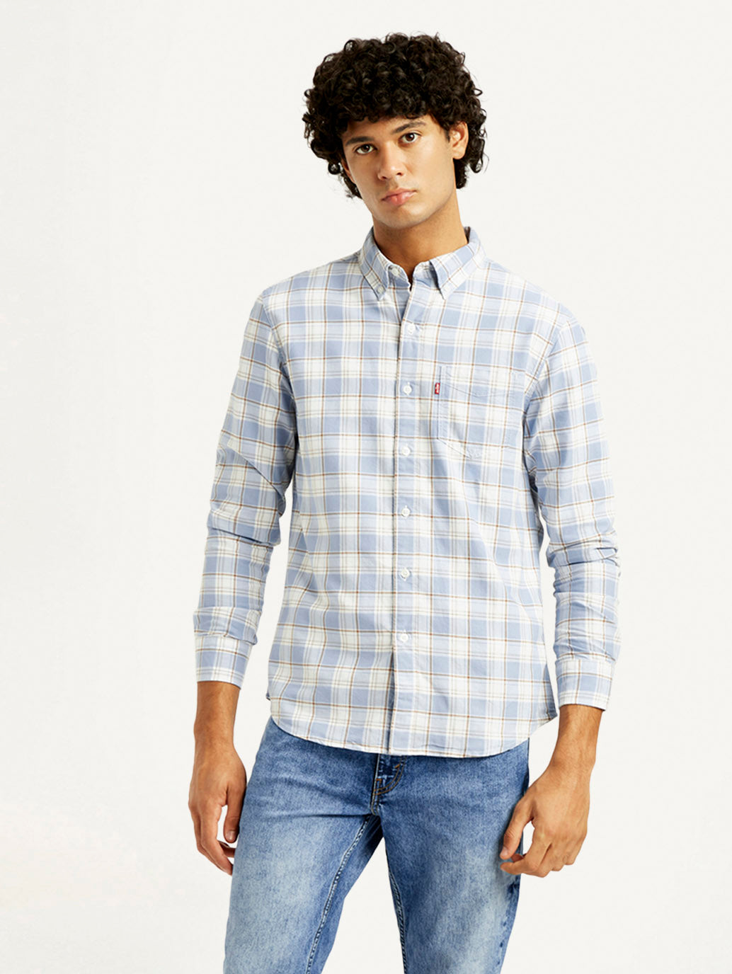 Men's Checkered Slim Fit Oxford Shirt - Front View