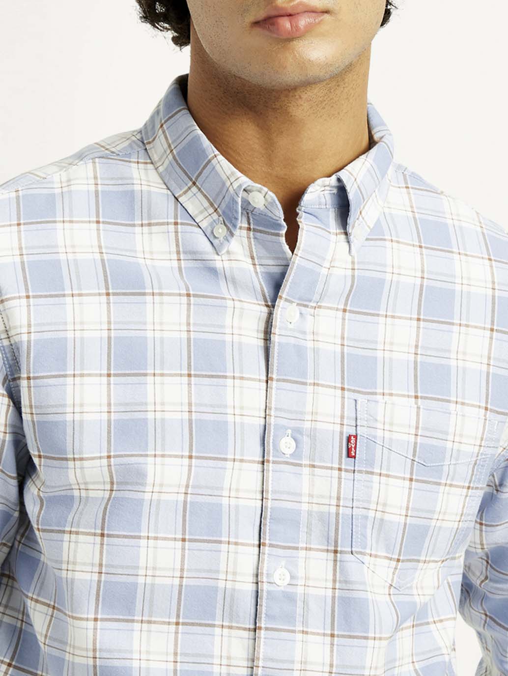 Men's Checkered Slim Fit Oxford Shirt - Detail View