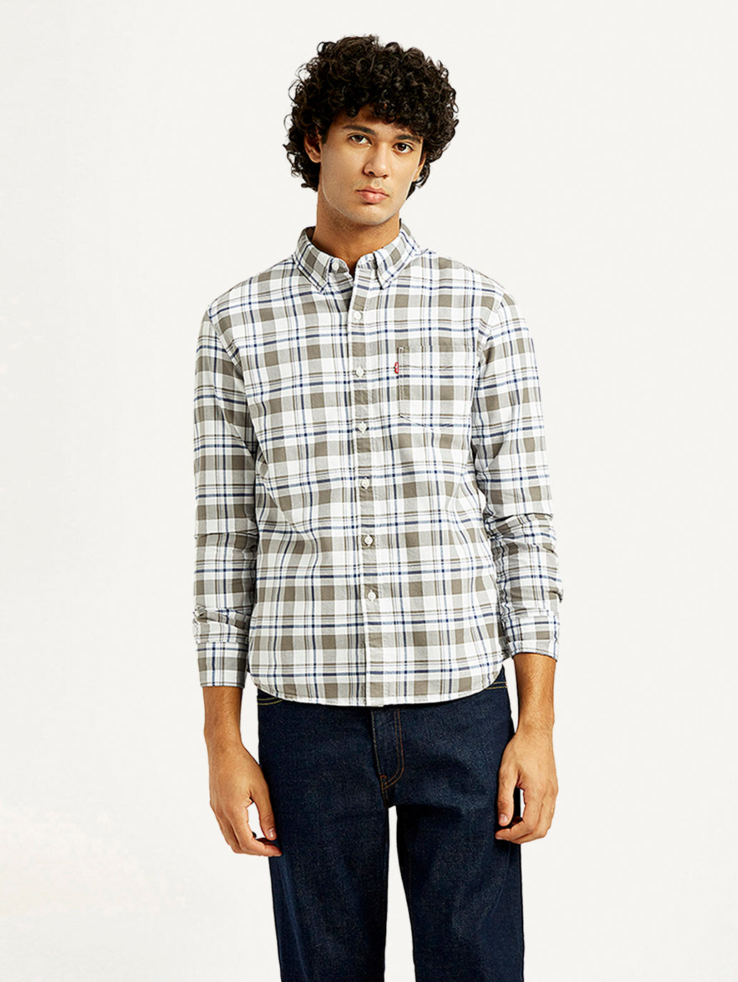 Men's Checkered Slim Fit Oxford Shirt - Front View