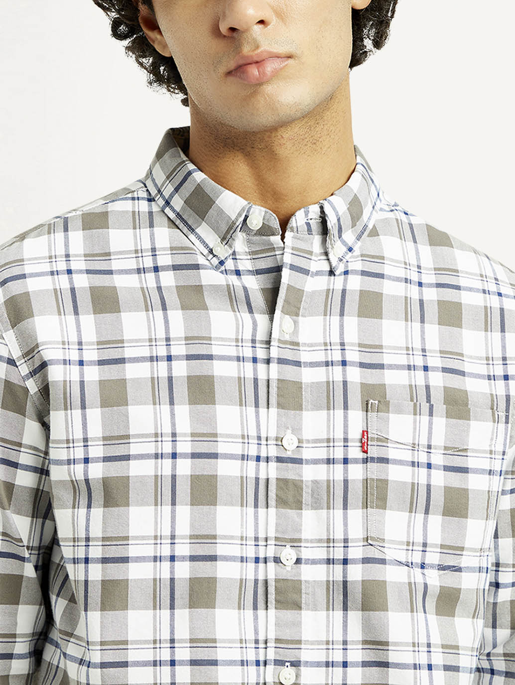 Men's Checkered Slim Fit Oxford Shirt - Detail View