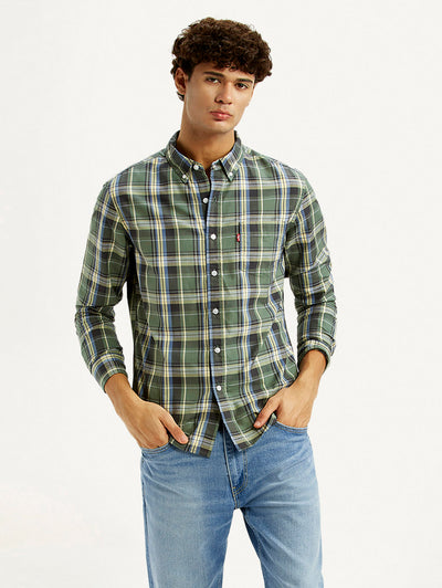 Men's Checkered Green Slim Fit Shirt-image-34