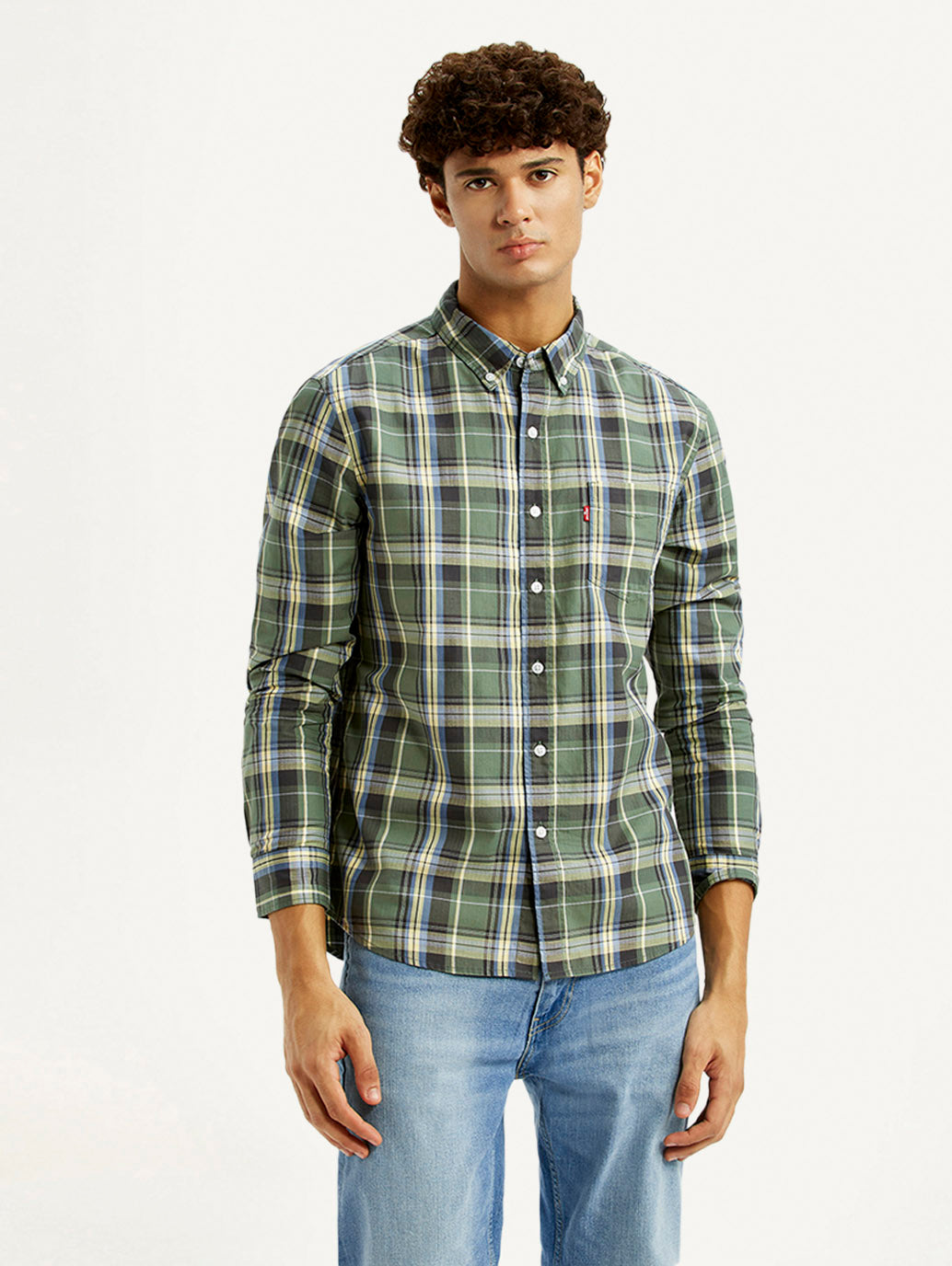 Men's Checkered Green Slim Fit Shirt - Front View