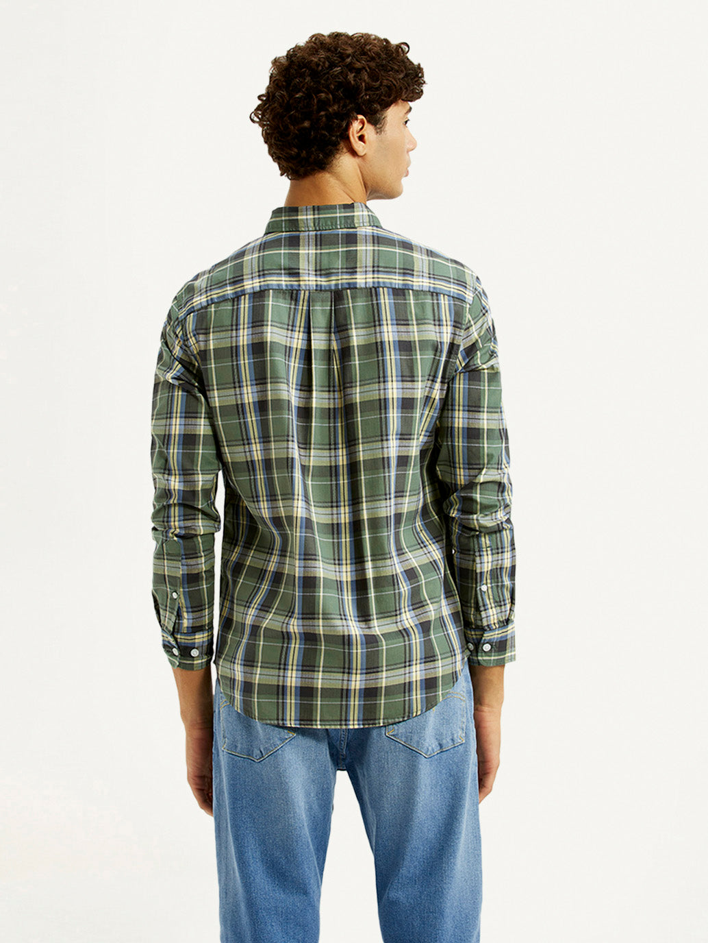 Men's Checkered Green Slim Fit Shirt - Back View