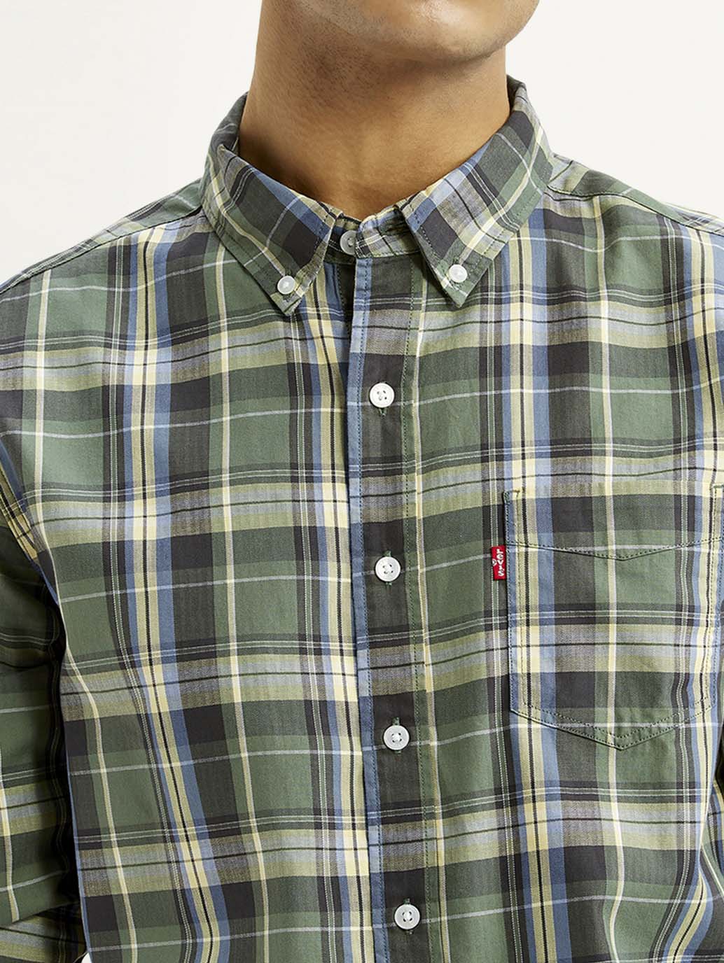 Men's Checkered Green Slim Fit Shirt - Detail View