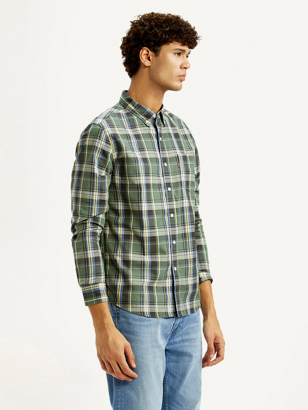 Men's Checkered Green Slim Fit Shirt - Side View