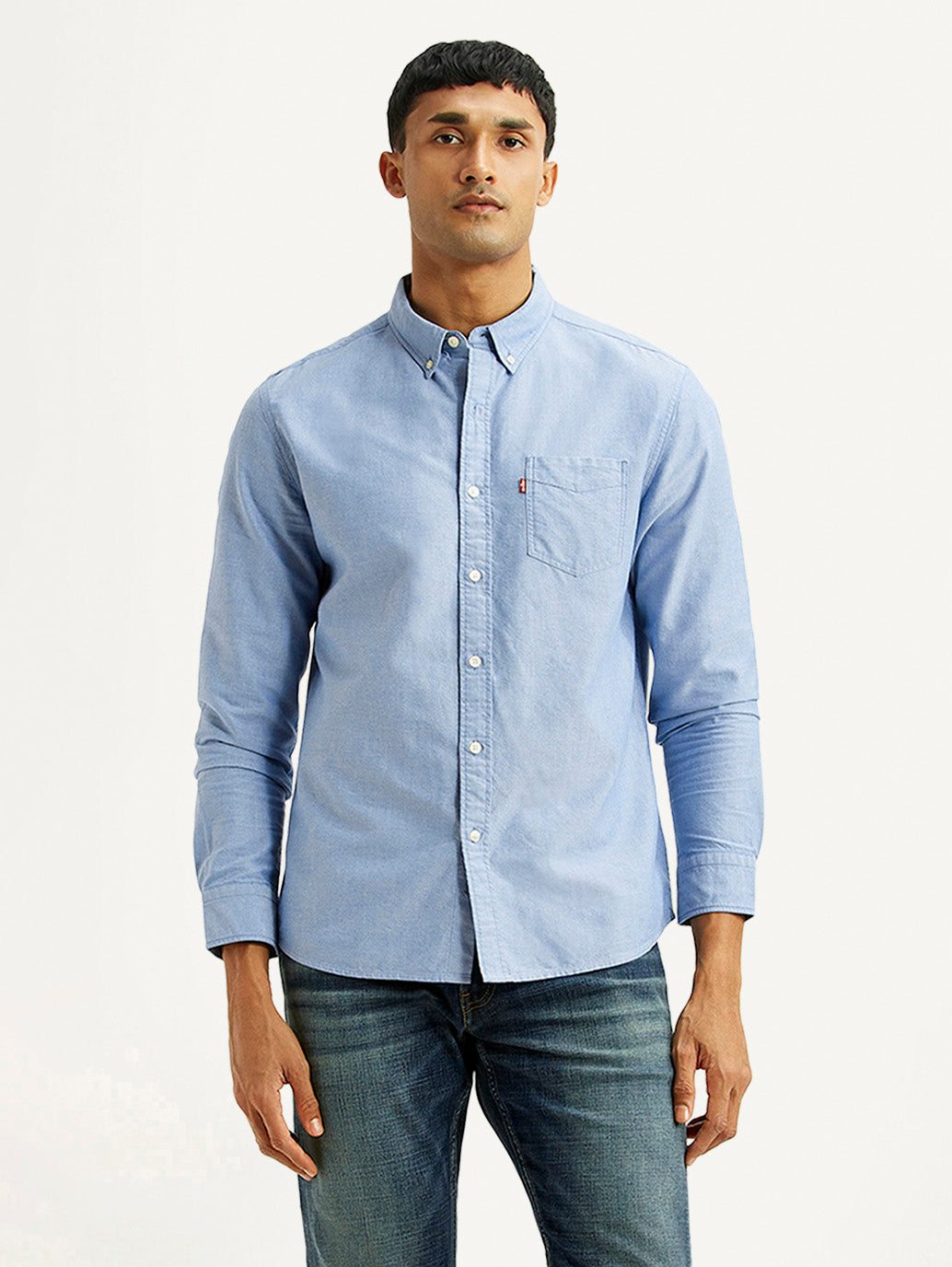 Men's Solid Light Blue Slim Fit Oxford Shirt - Styleshot View