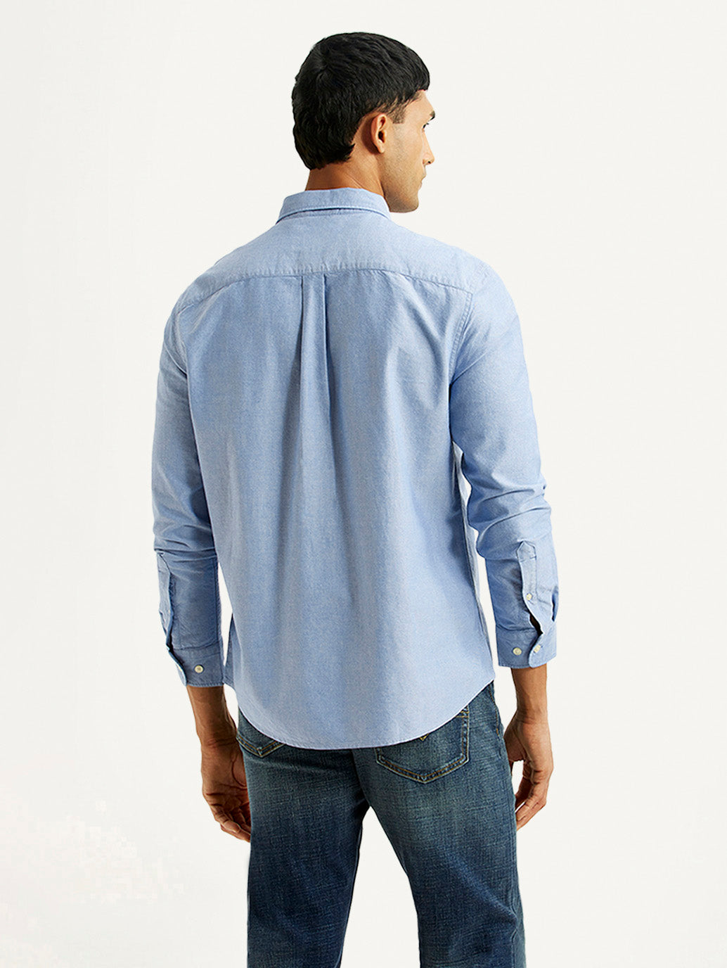 Men's Solid Light Blue Slim Fit Oxford Shirt - Back View