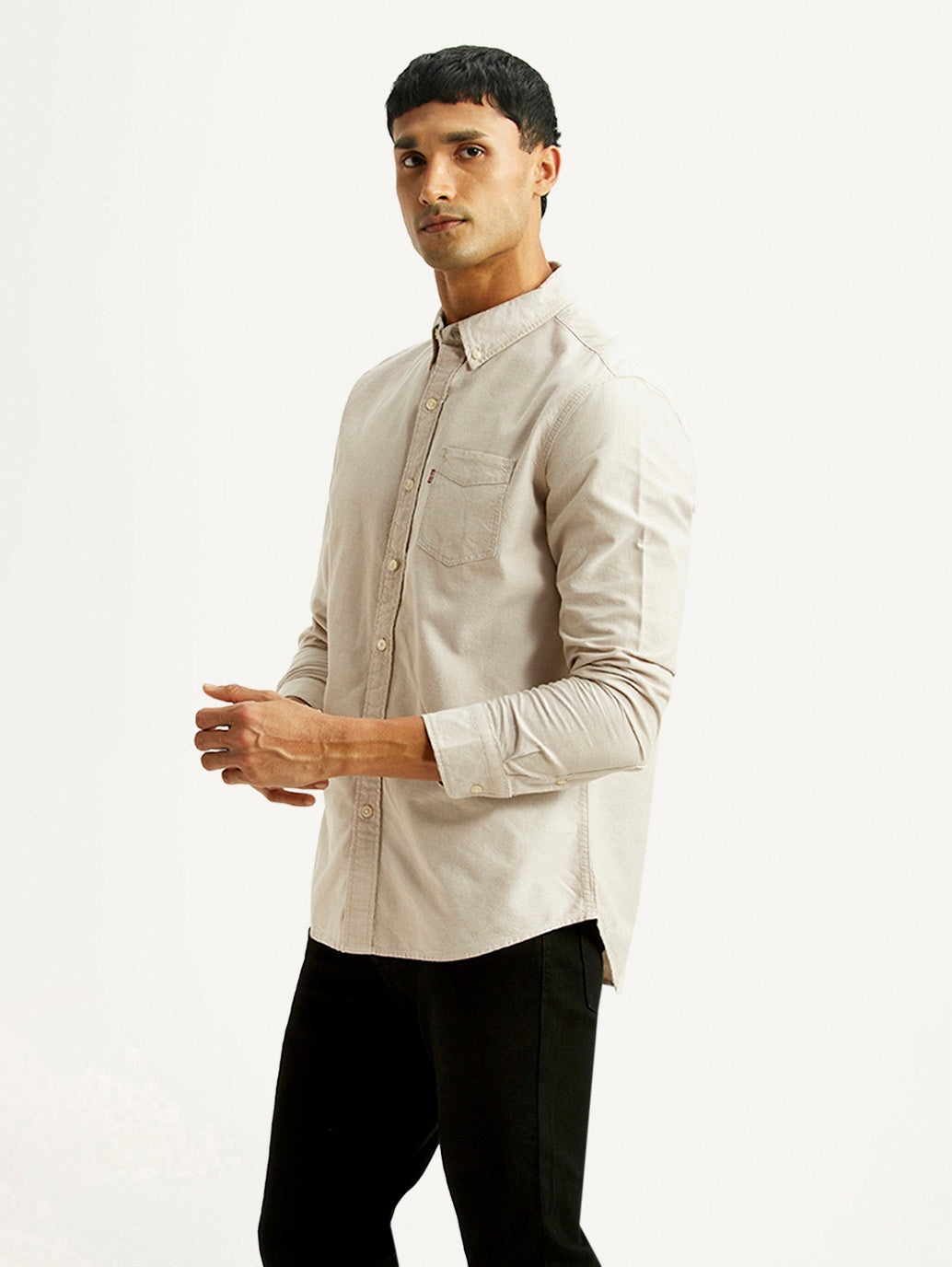 Men's Solid Beige Slim Fit Shirt - Side View
