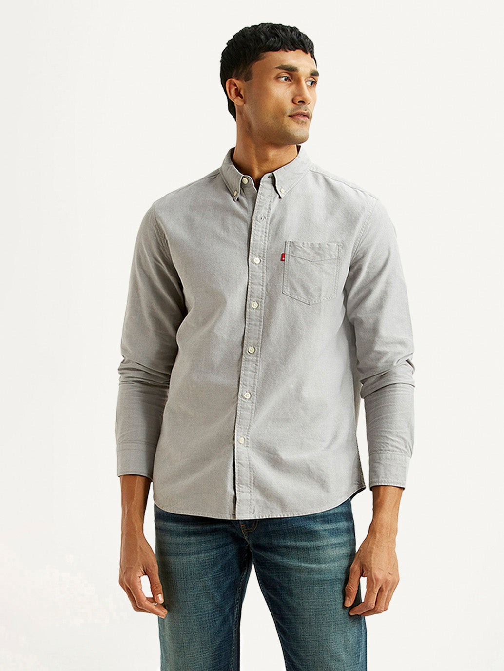 Men's Solid Light Grey Slim Fit Oxford Shirt