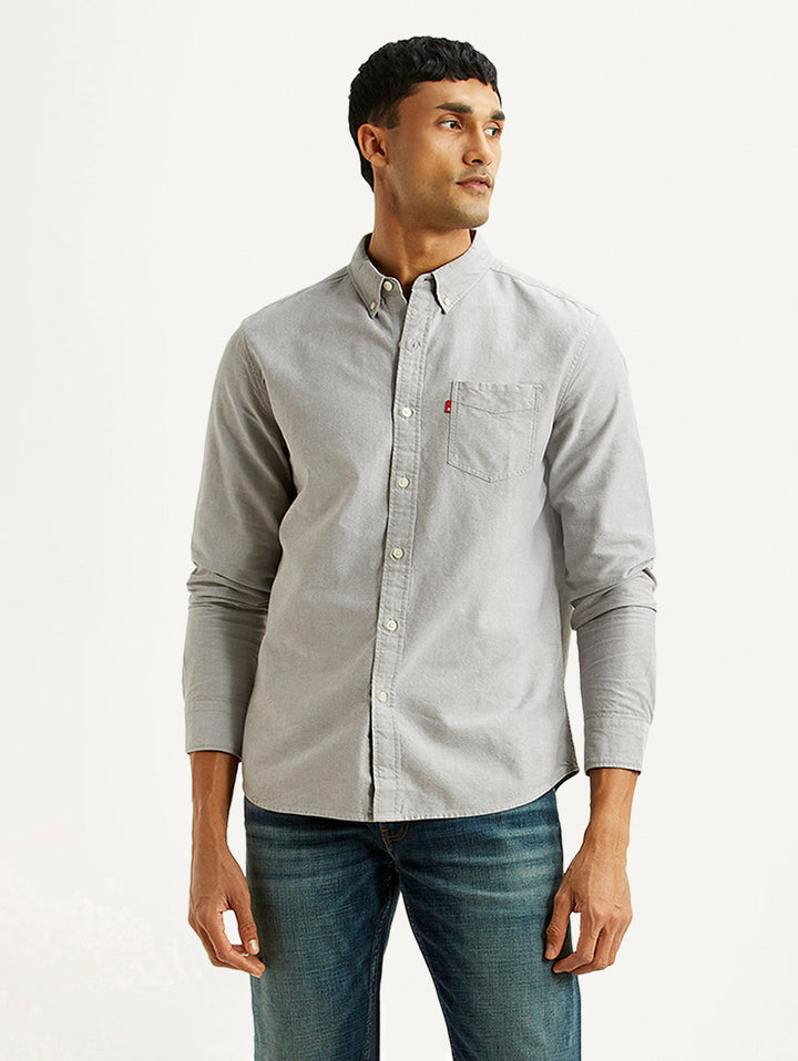 Men's Solid Light Grey Slim Fit Oxford Shirt