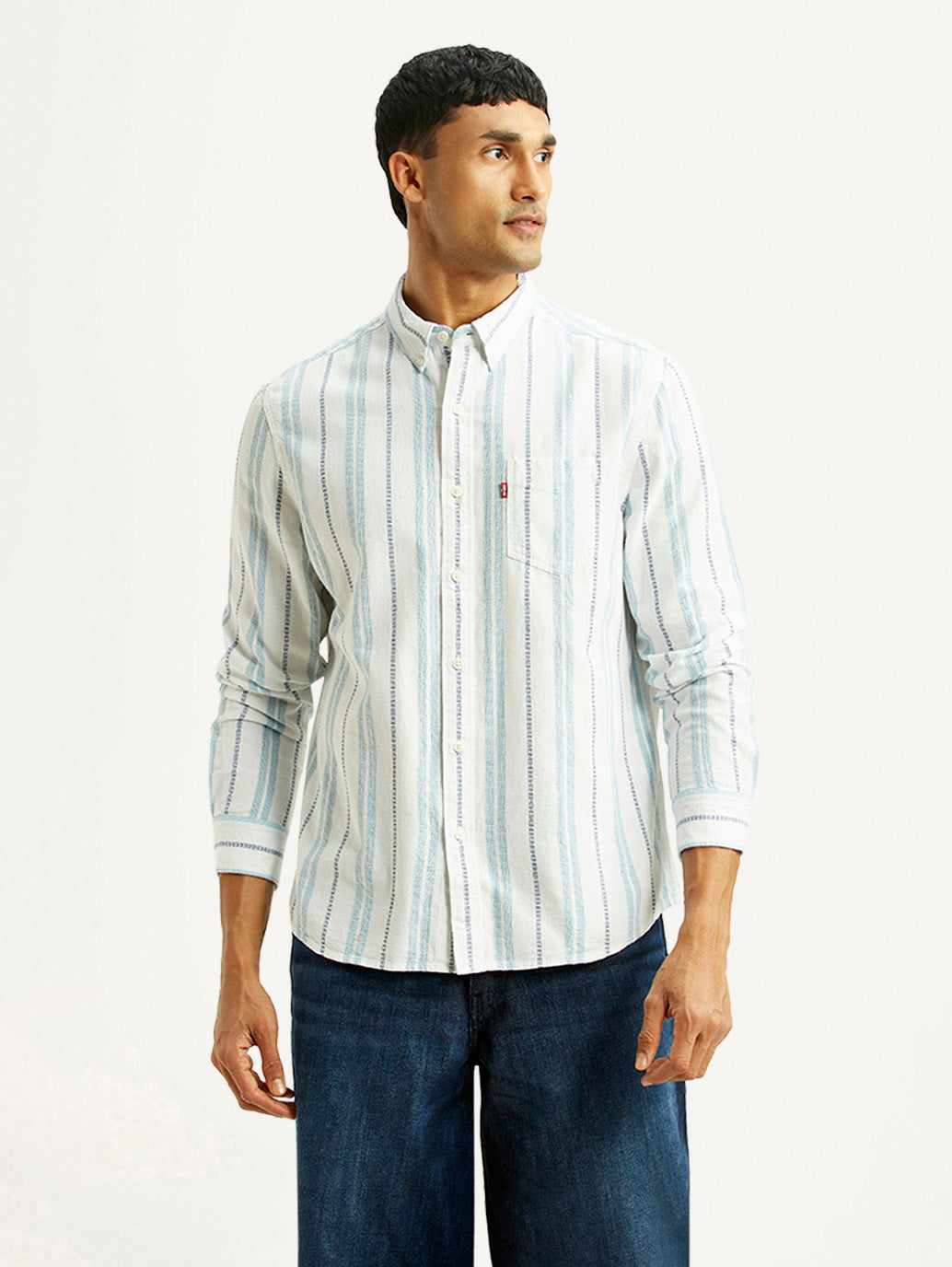 Men's Striped White Slim Fit Shirt - Front View
