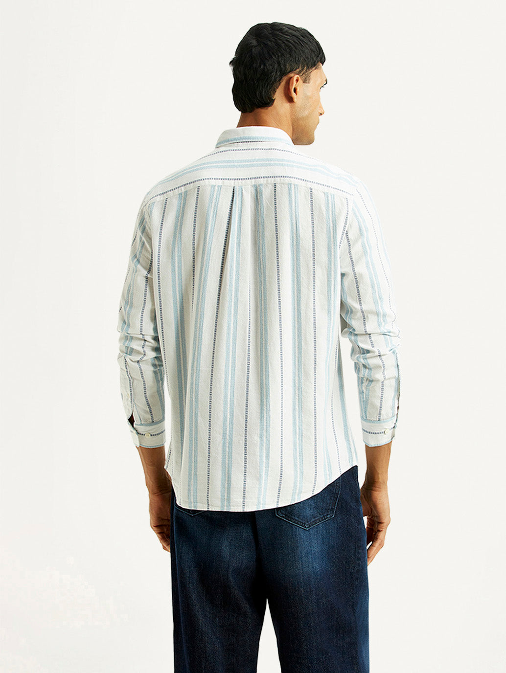 Men's Striped White Slim Fit Shirt - Back View