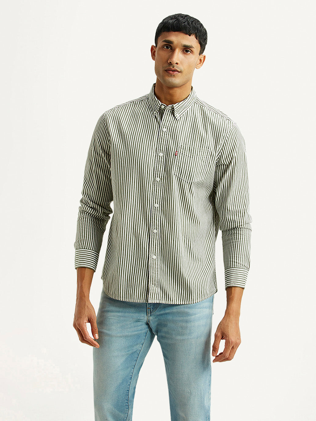 Men's Striped Olive Slim Fit Shirt - Front View