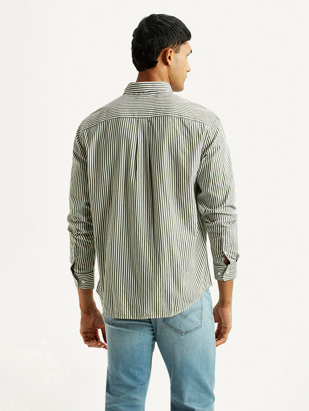 Men's Striped Olive Slim Fit Shirt - Back View