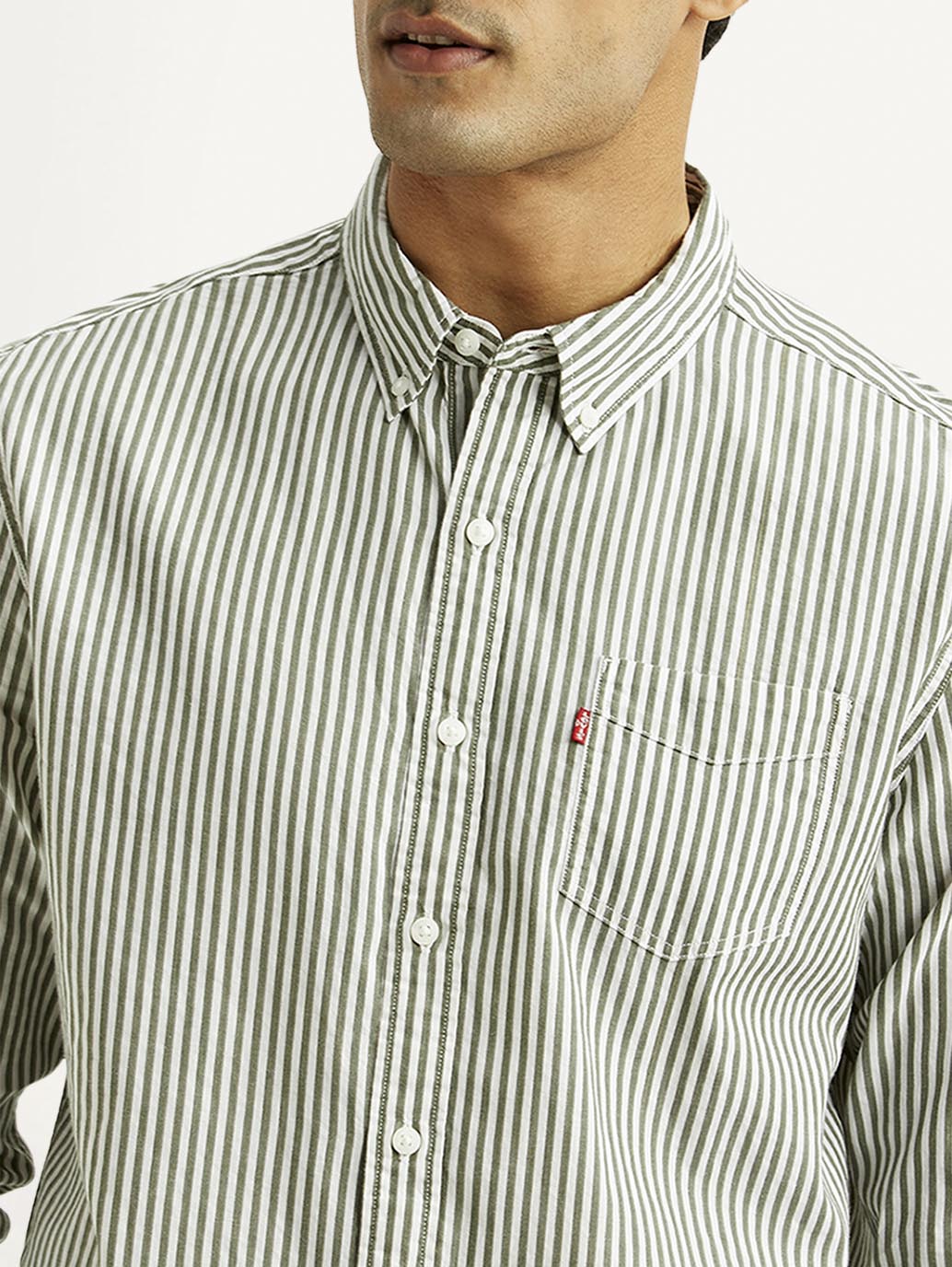 Men's Striped Olive Slim Fit Shirt - Detail View