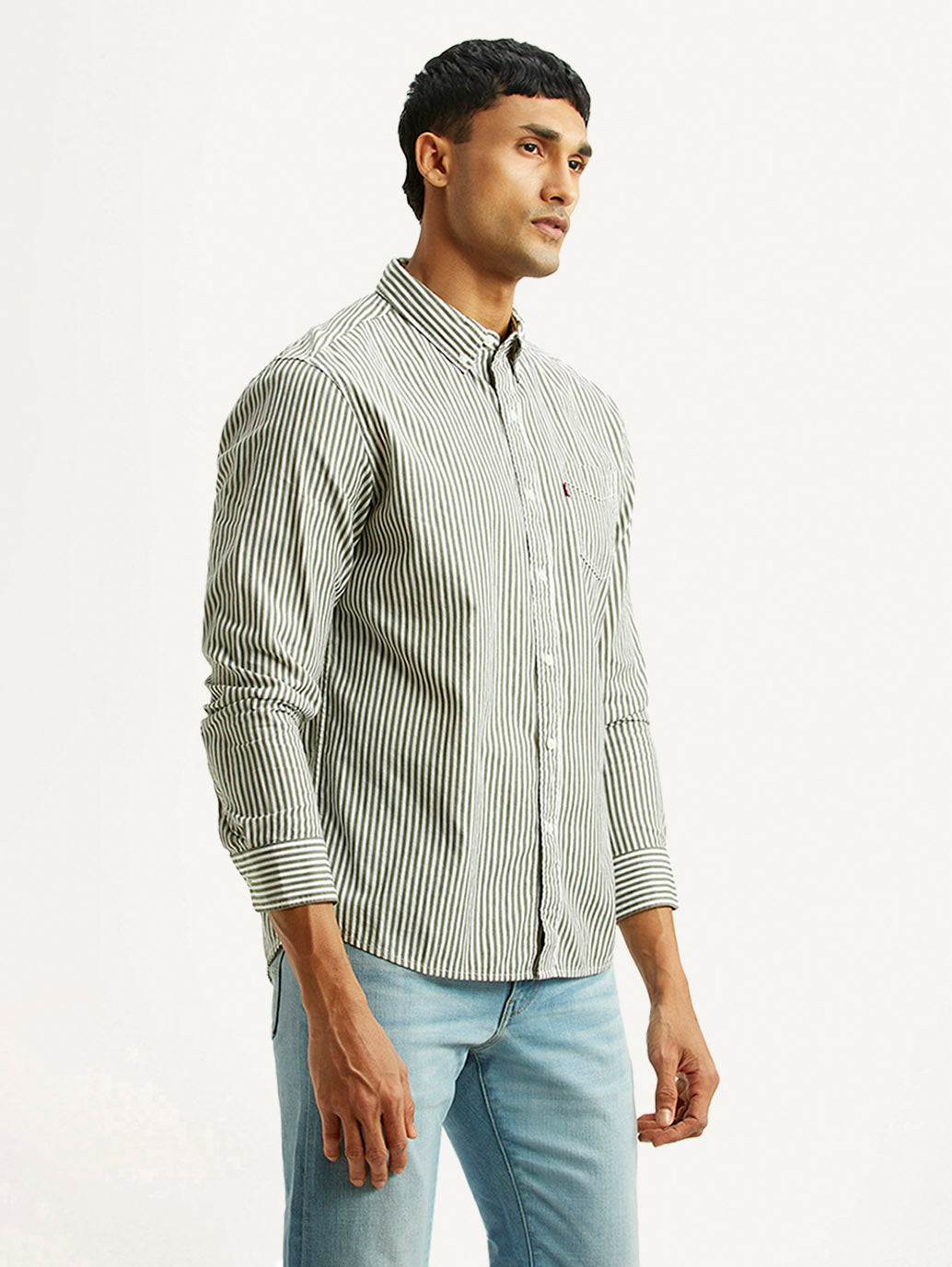 Men's Striped Olive Slim Fit Shirt - Side View