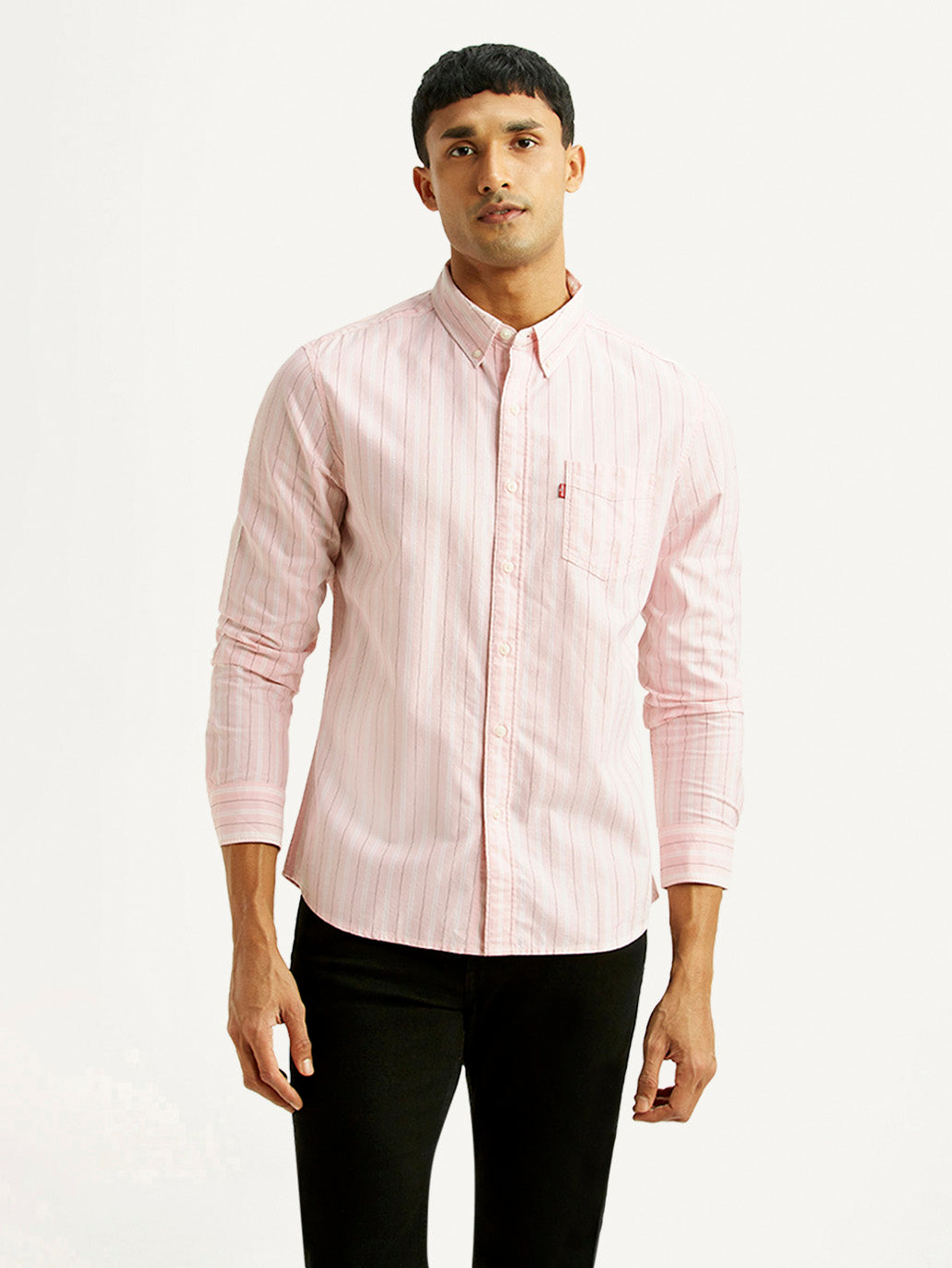 Men's Striped Light Pink Slim Fit Oxford Shirt - Front View