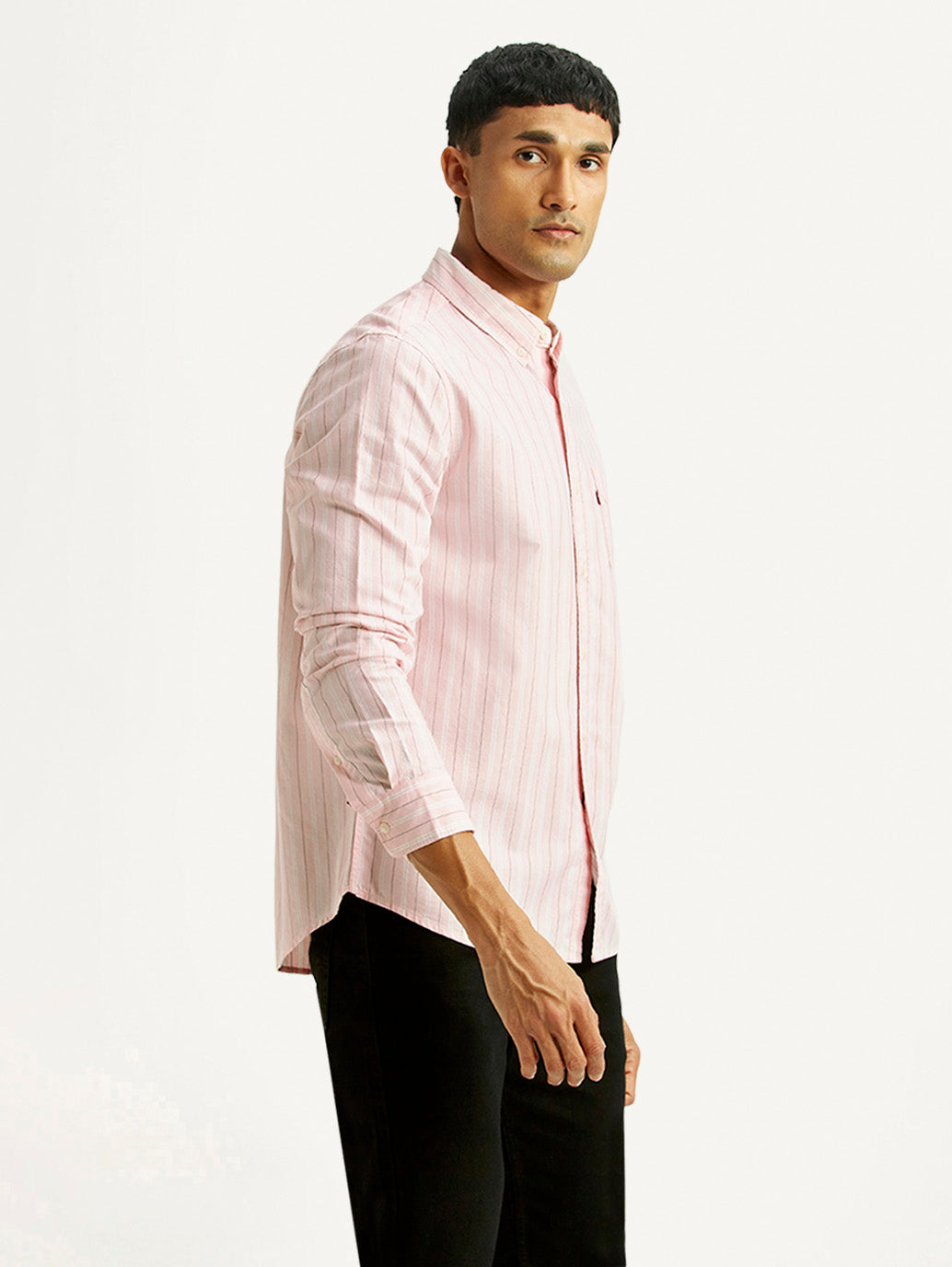 Men's Striped Light Pink Slim Fit Shirt - Side View