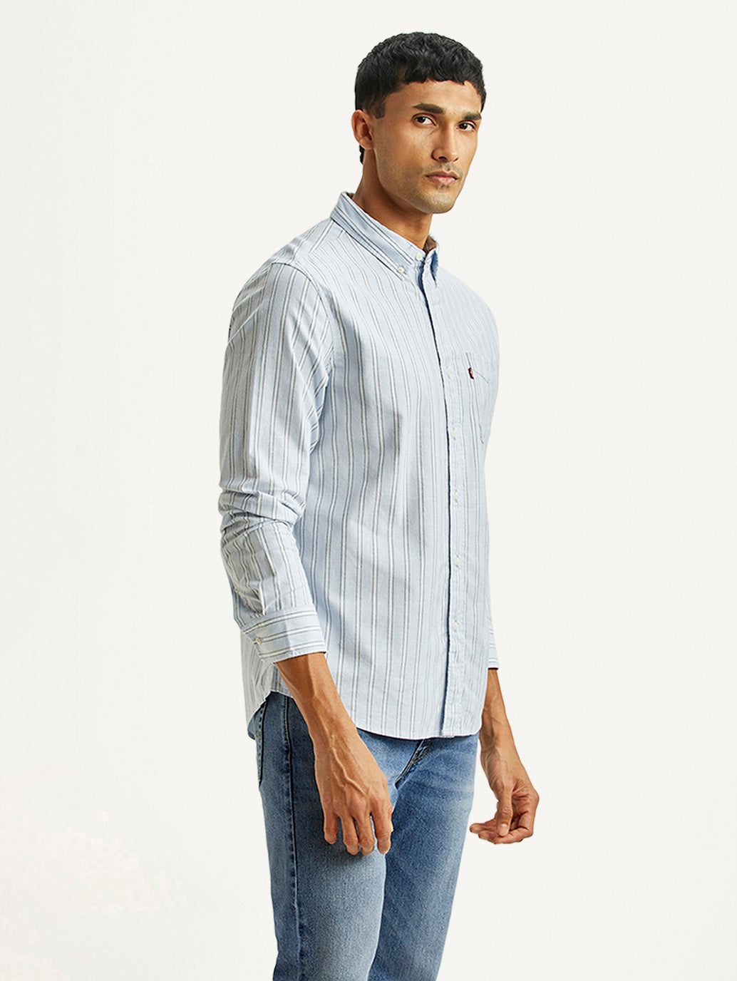 Men's Striped Light Blue Slim Fit Shirt - Side View