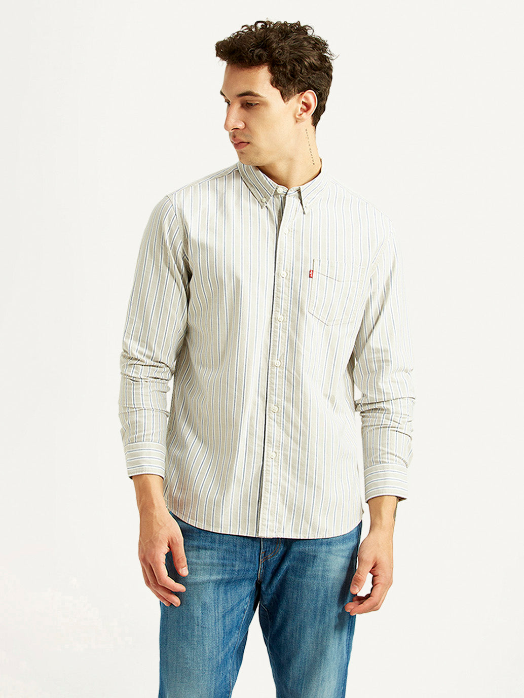 Men's Striped Light Grey Slim Fit Shirt - Front View