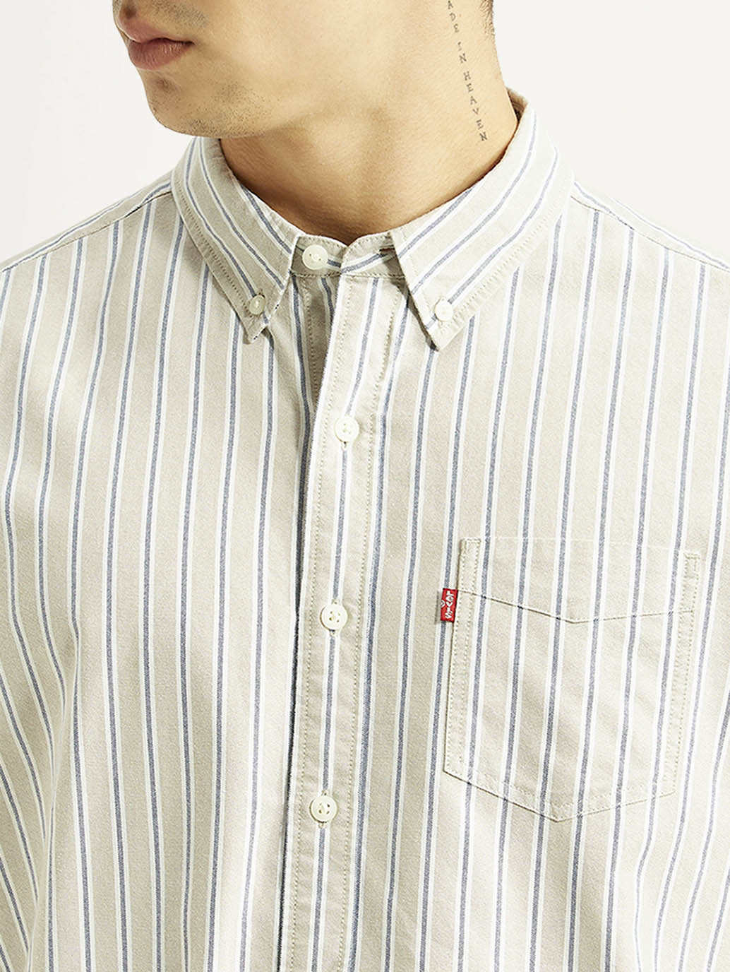Men's Striped Light Grey Slim Fit Shirt - Detail View