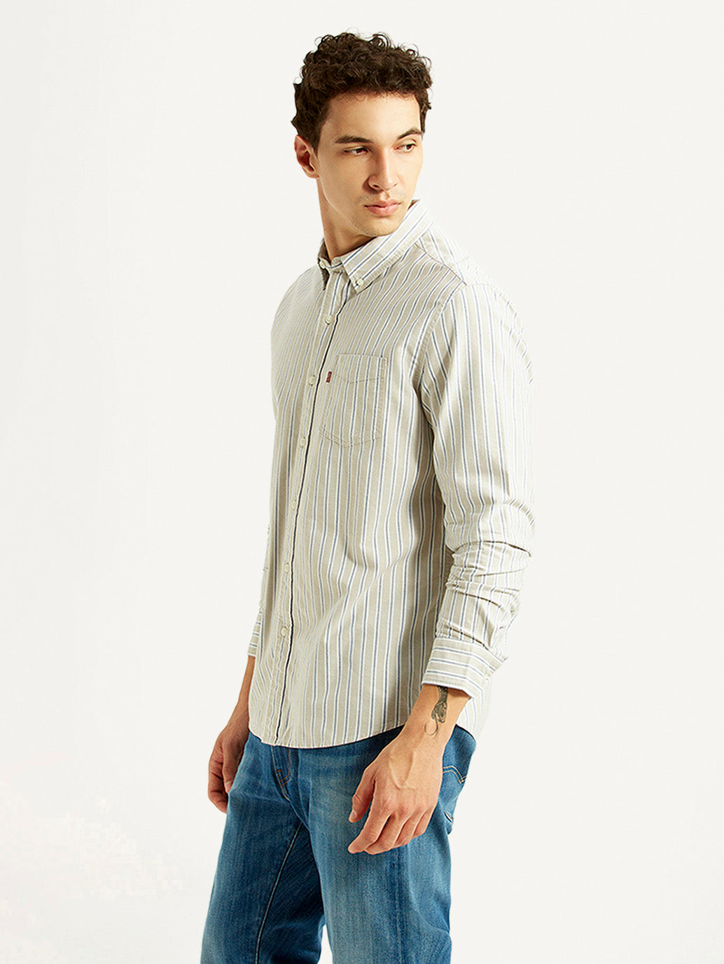 Men's Striped Light Grey Slim Fit Shirt - Side View