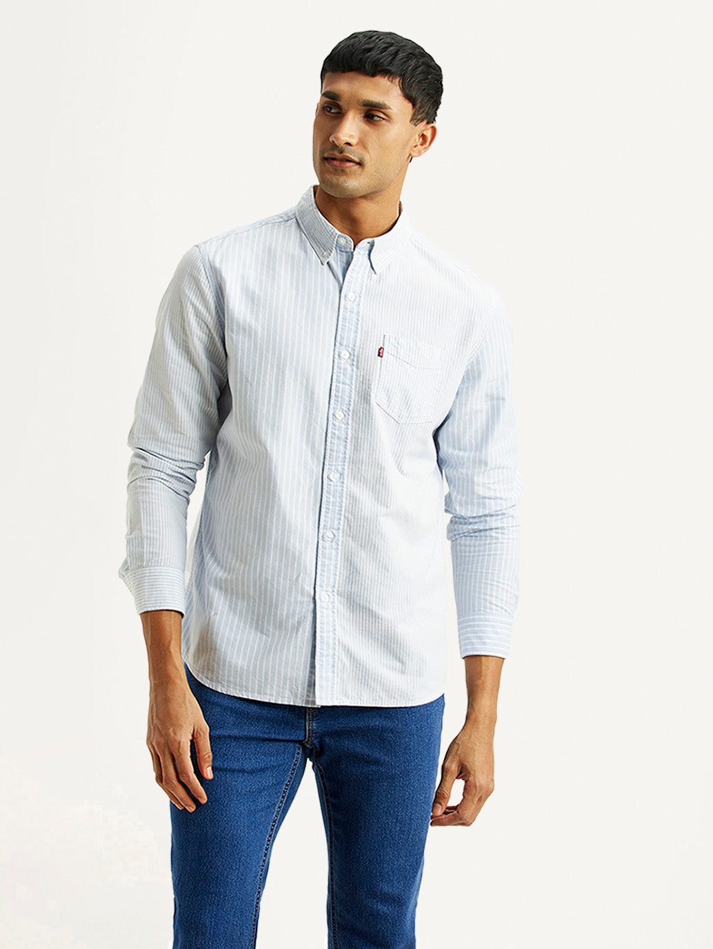 Men's Striped Light Blue Slim Fit Shirt - Front View