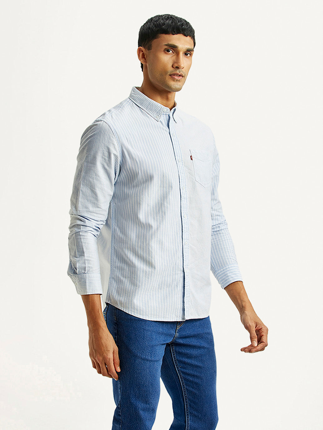Men's Striped Light Blue Slim Fit Shirt - Side View