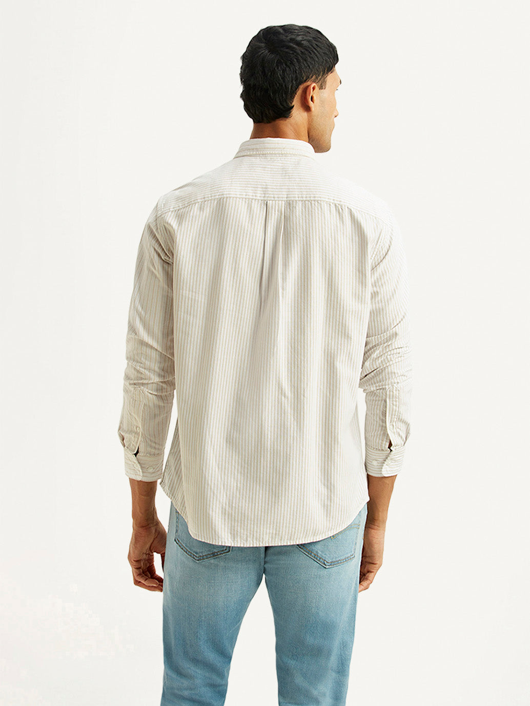 Men's Striped White Slim Fit Oxford Shirt - Back View