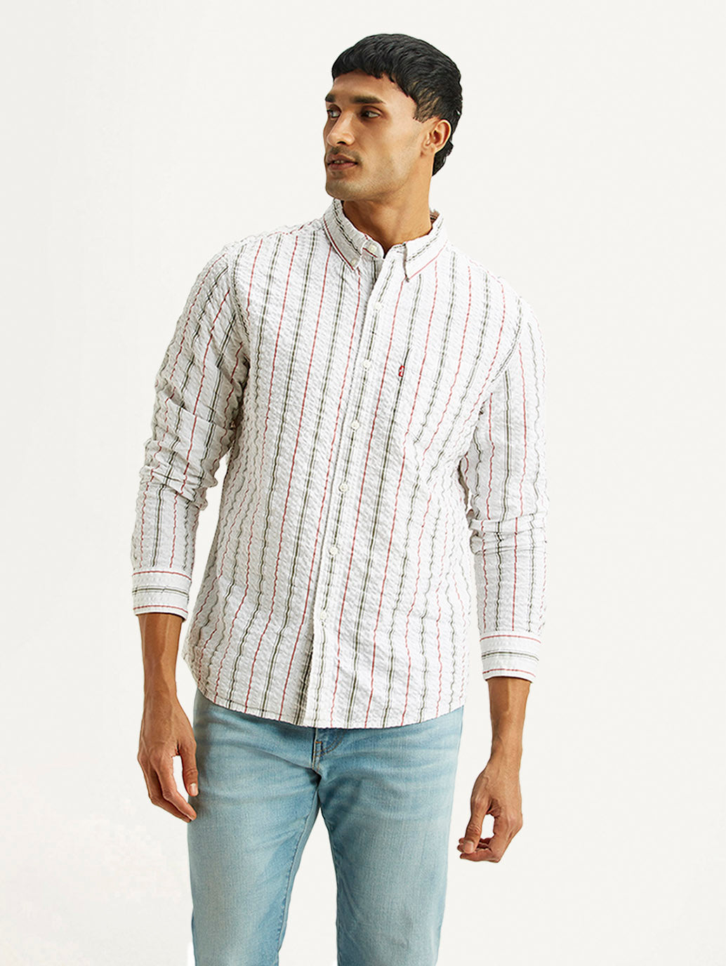 Men's Striped White Slim Fit Shirt - Front View
