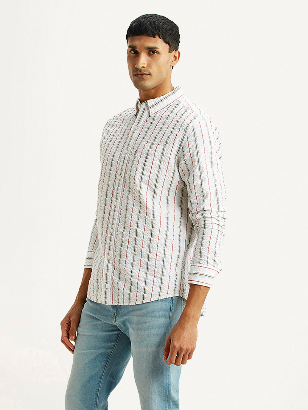 Men's Striped White Slim Fit Shirt - Side View
